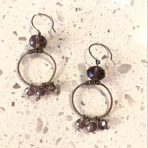 Boho Antique Sterling Silver Hoop Earrings with Faceted Crystal Accents - Picture 1 of 2